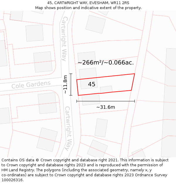 45, CARTWRIGHT WAY, EVESHAM, WR11 2RS: Plot and title map