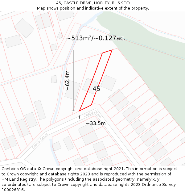 45, CASTLE DRIVE, HORLEY, RH6 9DD: Plot and title map
