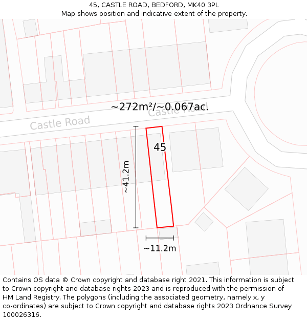 45, CASTLE ROAD, BEDFORD, MK40 3PL: Plot and title map