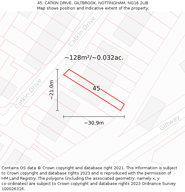 45, CATKIN DRIVE, GILTBROOK, NOTTINGHAM, NG16 2UB: Plot and title map