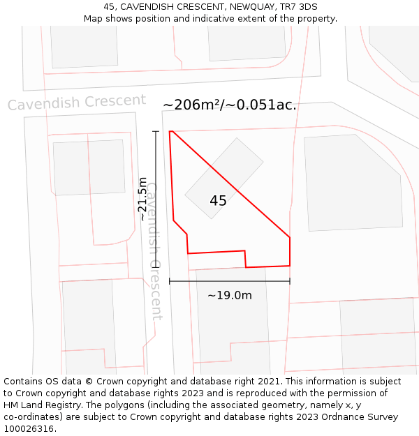 45, CAVENDISH CRESCENT, NEWQUAY, TR7 3DS: Plot and title map