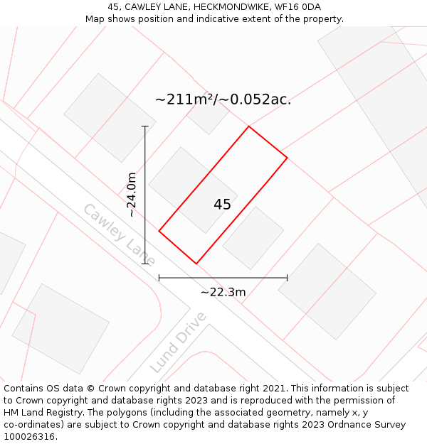 45, CAWLEY LANE, HECKMONDWIKE, WF16 0DA: Plot and title map