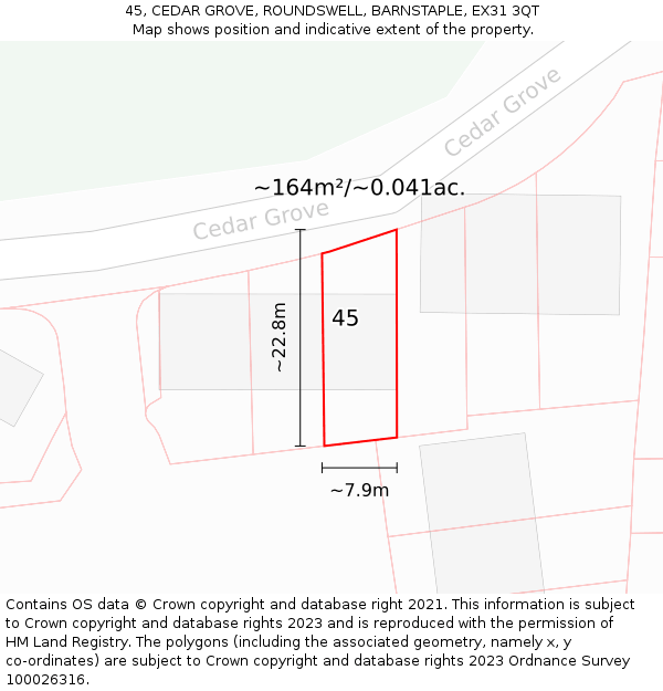45, CEDAR GROVE, ROUNDSWELL, BARNSTAPLE, EX31 3QT: Plot and title map
