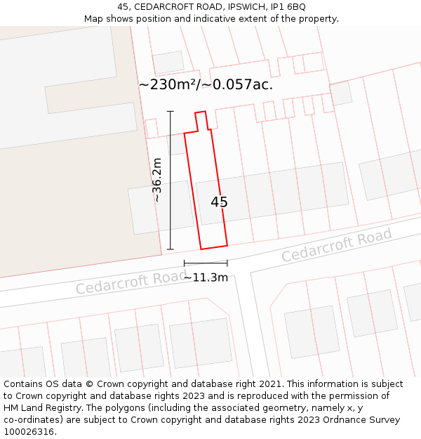 45, CEDARCROFT ROAD, IPSWICH, IP1 6BQ: Plot and title map