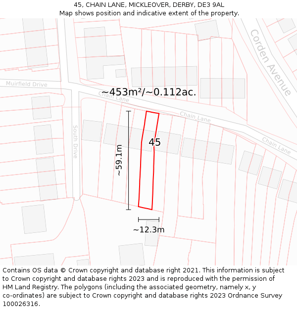 45, CHAIN LANE, MICKLEOVER, DERBY, DE3 9AL: Plot and title map