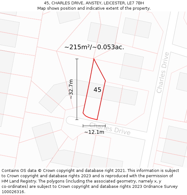 45, CHARLES DRIVE, ANSTEY, LEICESTER, LE7 7BH: Plot and title map