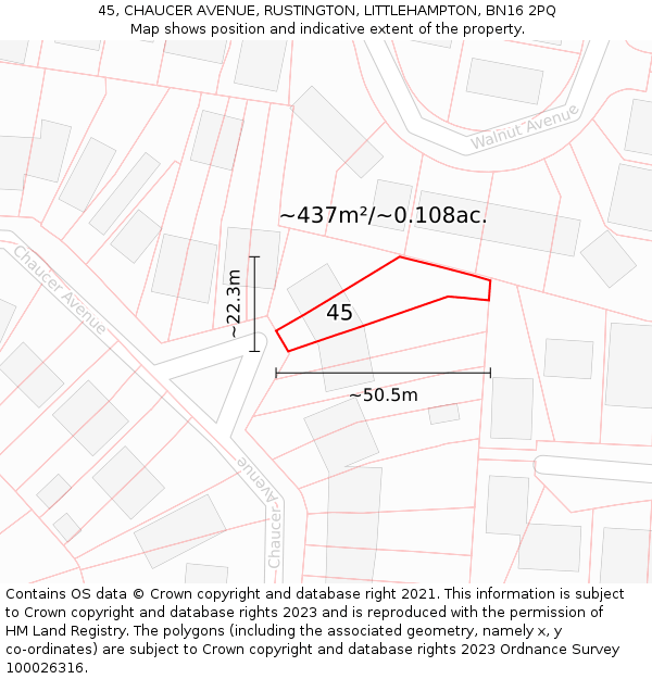 45, CHAUCER AVENUE, RUSTINGTON, LITTLEHAMPTON, BN16 2PQ: Plot and title map