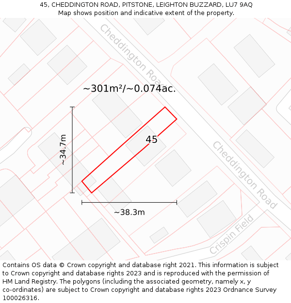 45, CHEDDINGTON ROAD, PITSTONE, LEIGHTON BUZZARD, LU7 9AQ: Plot and title map