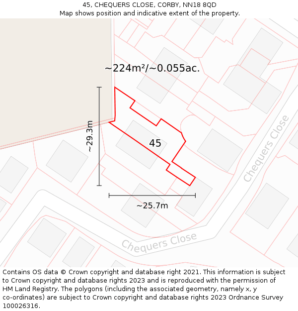 45, CHEQUERS CLOSE, CORBY, NN18 8QD: Plot and title map