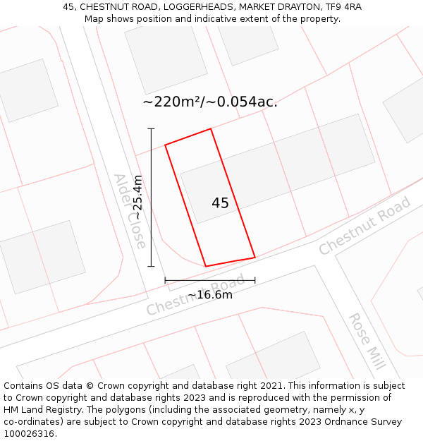 45, CHESTNUT ROAD, LOGGERHEADS, MARKET DRAYTON, TF9 4RA: Plot and title map