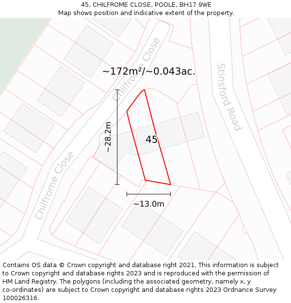 45, CHILFROME CLOSE, POOLE, BH17 9WE: Plot and title map