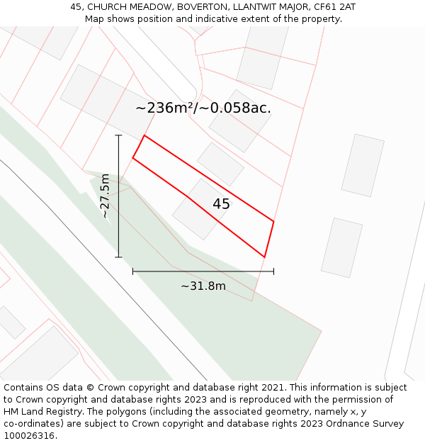 45, CHURCH MEADOW, BOVERTON, LLANTWIT MAJOR, CF61 2AT: Plot and title map