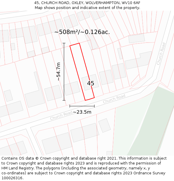 45, CHURCH ROAD, OXLEY, WOLVERHAMPTON, WV10 6AF: Plot and title map