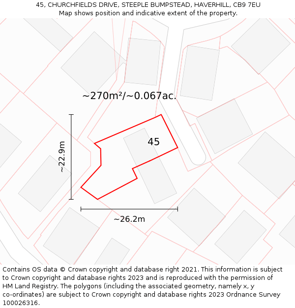 45, CHURCHFIELDS DRIVE, STEEPLE BUMPSTEAD, HAVERHILL, CB9 7EU: Plot and title map