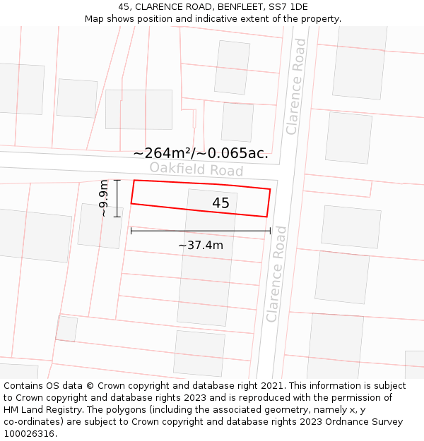 45, CLARENCE ROAD, BENFLEET, SS7 1DE: Plot and title map