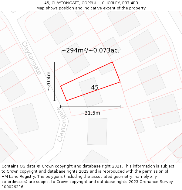 45, CLAYTONGATE, COPPULL, CHORLEY, PR7 4PR: Plot and title map