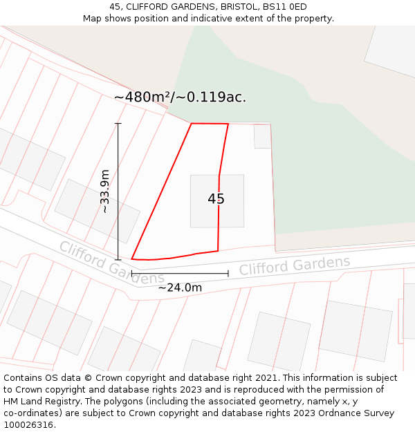 45, CLIFFORD GARDENS, BRISTOL, BS11 0ED: Plot and title map