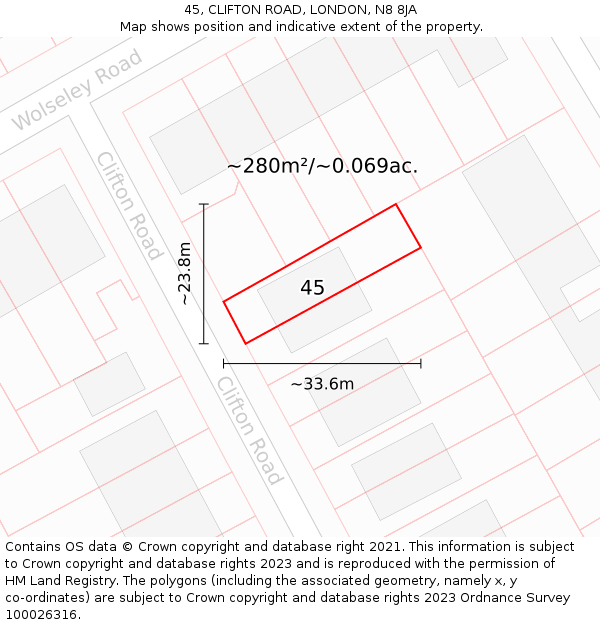 45, CLIFTON ROAD, LONDON, N8 8JA: Plot and title map