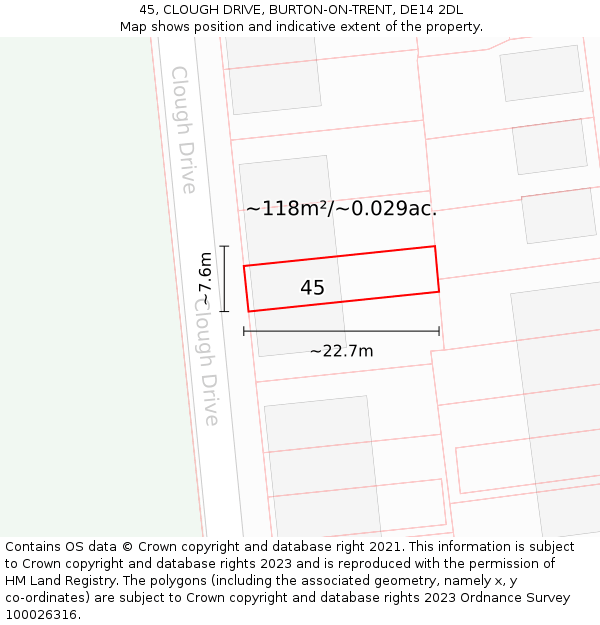 45, CLOUGH DRIVE, BURTON-ON-TRENT, DE14 2DL: Plot and title map