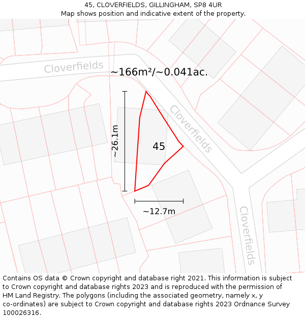 45, CLOVERFIELDS, GILLINGHAM, SP8 4UR: Plot and title map