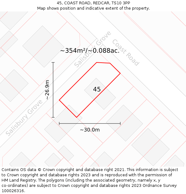 45, COAST ROAD, REDCAR, TS10 3PP: Plot and title map