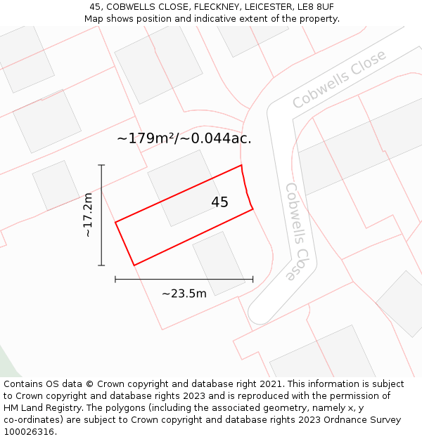 45, COBWELLS CLOSE, FLECKNEY, LEICESTER, LE8 8UF: Plot and title map