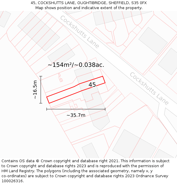 45, COCKSHUTTS LANE, OUGHTIBRIDGE, SHEFFIELD, S35 0FX: Plot and title map
