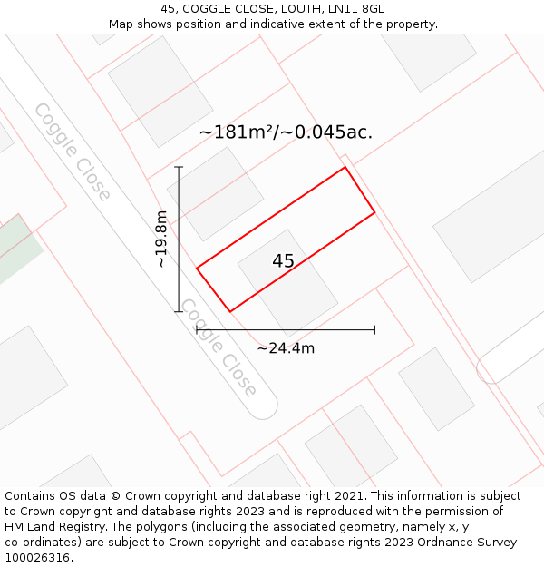 45, COGGLE CLOSE, LOUTH, LN11 8GL: Plot and title map