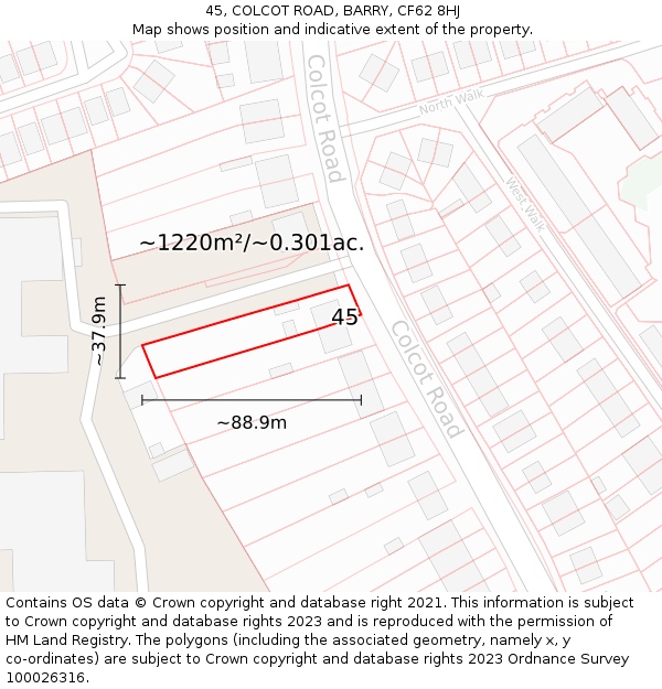 45, COLCOT ROAD, BARRY, CF62 8HJ: Plot and title map