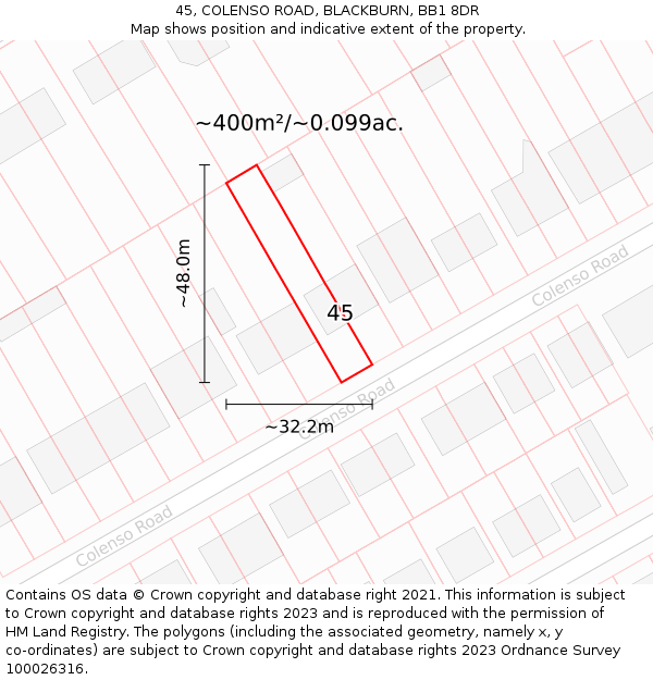 45, COLENSO ROAD, BLACKBURN, BB1 8DR: Plot and title map