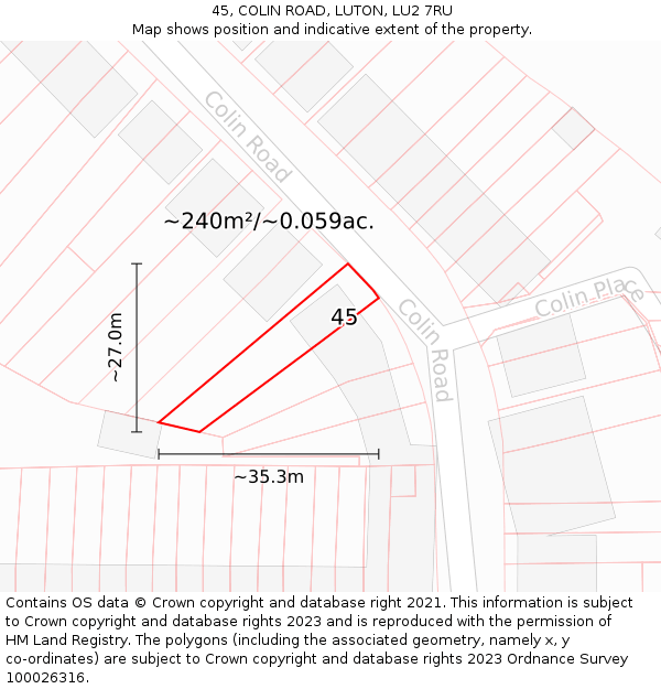 45, COLIN ROAD, LUTON, LU2 7RU: Plot and title map