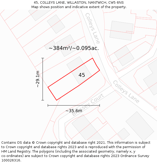 45, COLLEYS LANE, WILLASTON, NANTWICH, CW5 6NS: Plot and title map