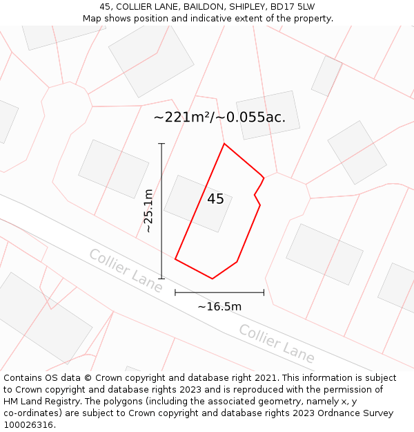 45, COLLIER LANE, BAILDON, SHIPLEY, BD17 5LW: Plot and title map