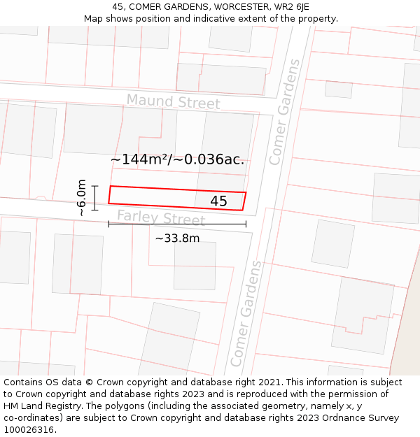 45, COMER GARDENS, WORCESTER, WR2 6JE: Plot and title map