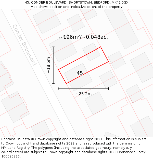 45, CONDER BOULEVARD, SHORTSTOWN, BEDFORD, MK42 0GX: Plot and title map