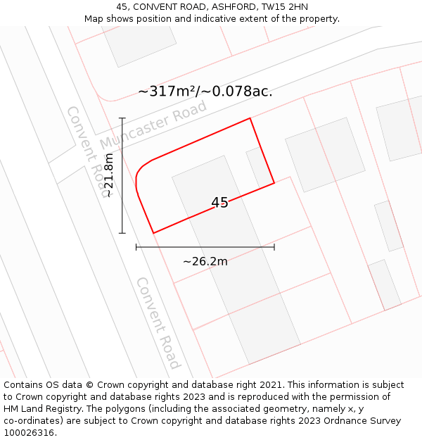 45, CONVENT ROAD, ASHFORD, TW15 2HN: Plot and title map