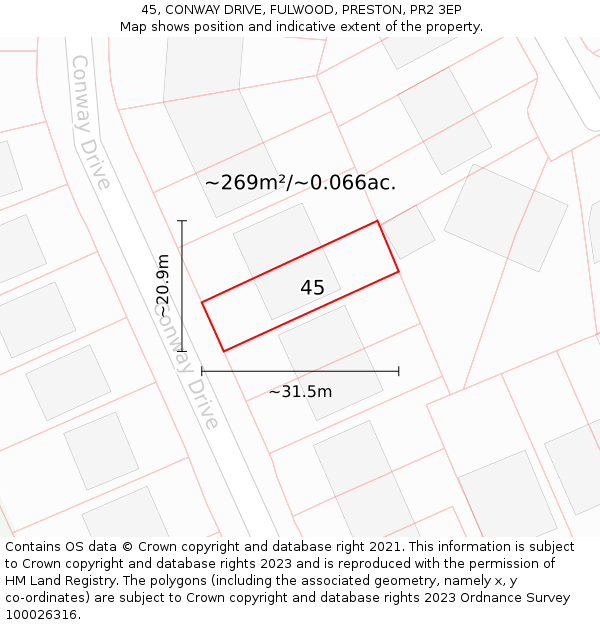 45, CONWAY DRIVE, FULWOOD, PRESTON, PR2 3EP: Plot and title map