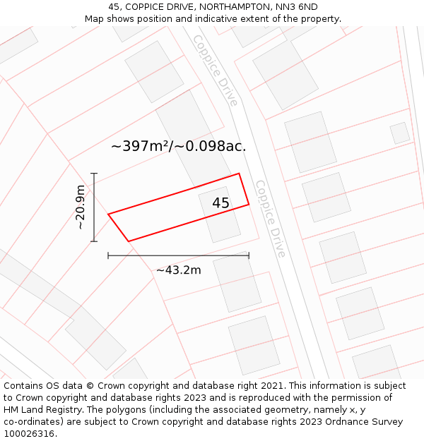 45, COPPICE DRIVE, NORTHAMPTON, NN3 6ND: Plot and title map