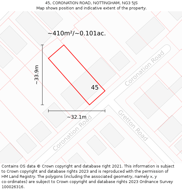 45, CORONATION ROAD, NOTTINGHAM, NG3 5JS: Plot and title map