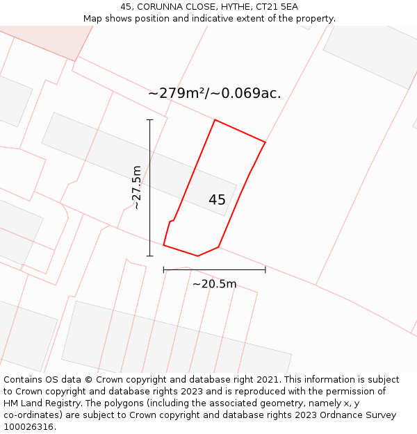 45, CORUNNA CLOSE, HYTHE, CT21 5EA: Plot and title map