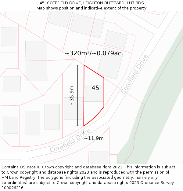 45, COTEFIELD DRIVE, LEIGHTON BUZZARD, LU7 3DS: Plot and title map