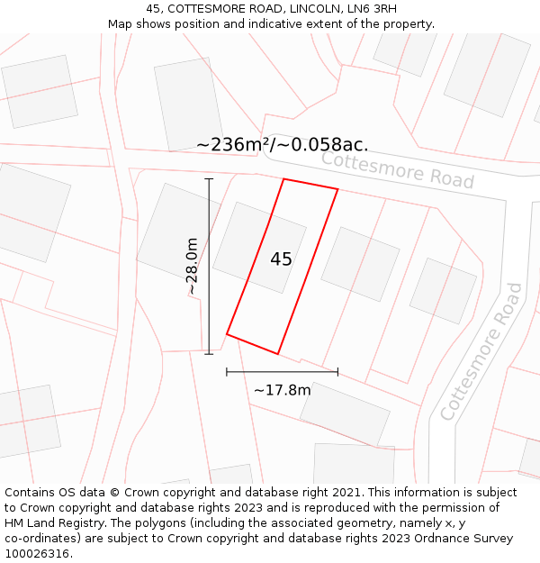 45, COTTESMORE ROAD, LINCOLN, LN6 3RH: Plot and title map