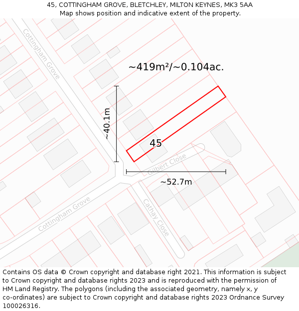 45, COTTINGHAM GROVE, BLETCHLEY, MILTON KEYNES, MK3 5AA: Plot and title map