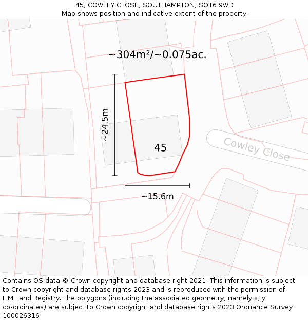 45, COWLEY CLOSE, SOUTHAMPTON, SO16 9WD: Plot and title map