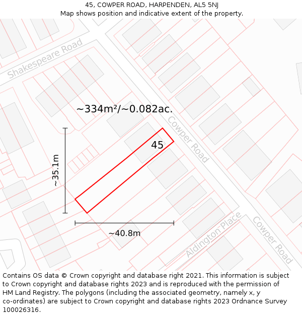 45, COWPER ROAD, HARPENDEN, AL5 5NJ: Plot and title map