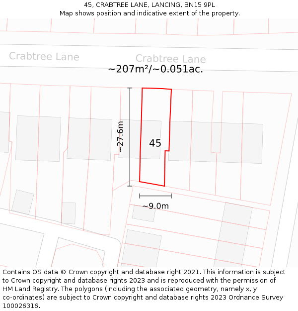 45, CRABTREE LANE, LANCING, BN15 9PL: Plot and title map