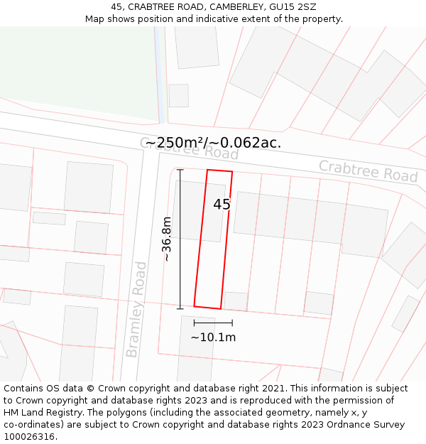 45, CRABTREE ROAD, CAMBERLEY, GU15 2SZ: Plot and title map