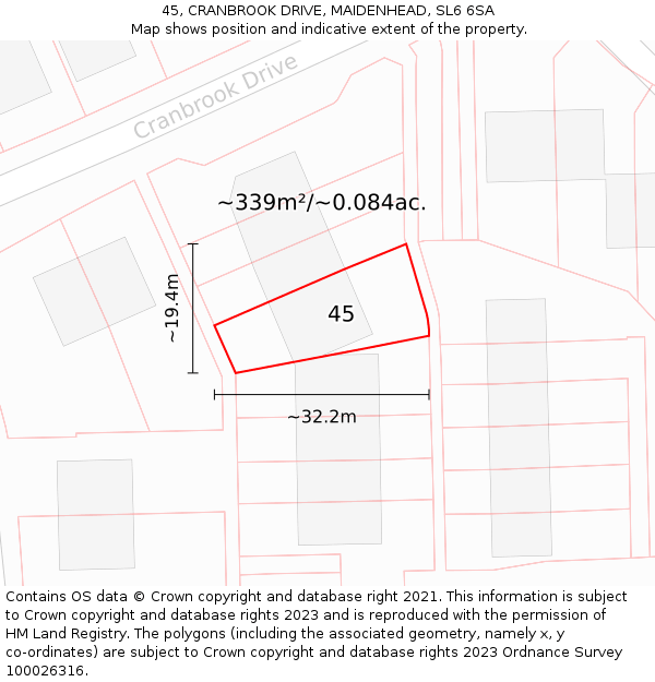 45, CRANBROOK DRIVE, MAIDENHEAD, SL6 6SA: Plot and title map