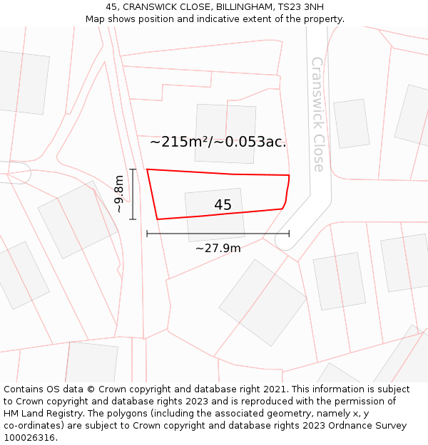 45, CRANSWICK CLOSE, BILLINGHAM, TS23 3NH: Plot and title map