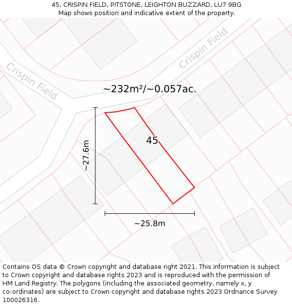 45, CRISPIN FIELD, PITSTONE, LEIGHTON BUZZARD, LU7 9BG: Plot and title map